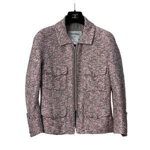 Chanel Pink Silk Tweed Zip Front Jacket - Size 38